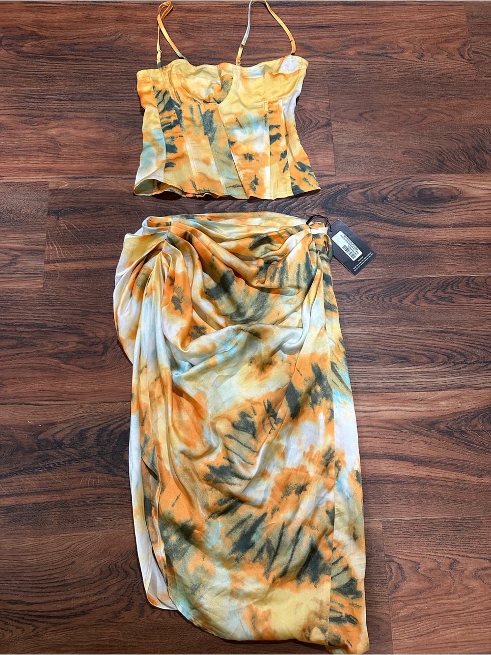 Two-Piece Yellow Orange Tie-Dye Crop Top & Wrap Skirt Set